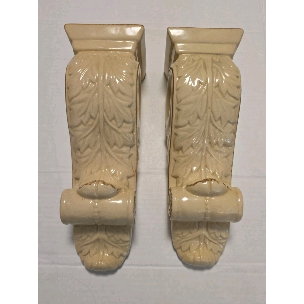 Vintage Ceramic Corbel Curtain Rod Brackets Drapery Sconces Pair Cream 12"